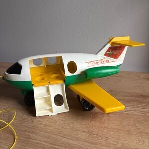 Vintage Fisher Price Toy 1980 Jet Airplane, White and Green with Yellow Wings